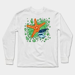 Bright star fish and shell, summer beach Long Sleeve T-Shirt